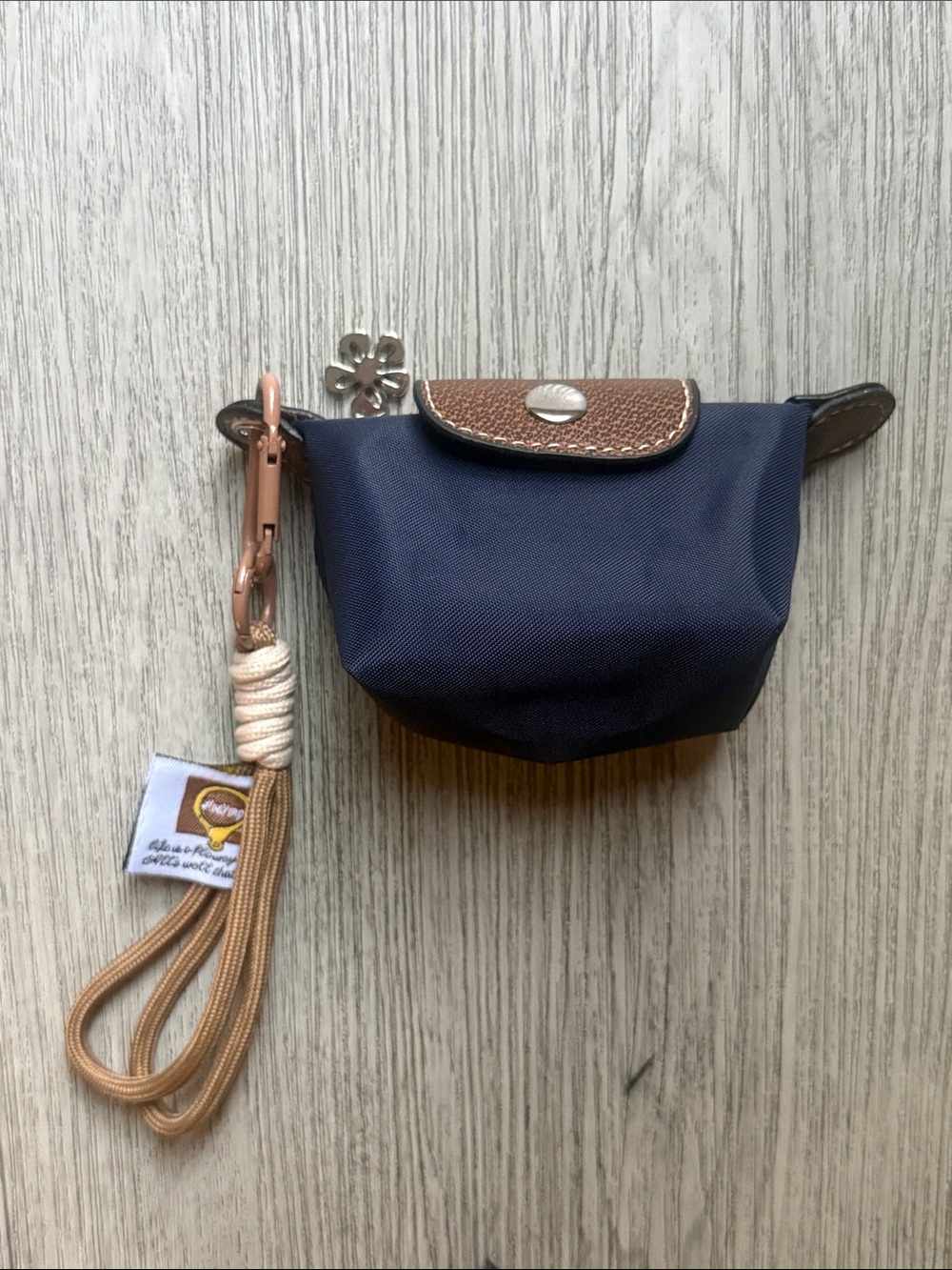 NWOT Navy Small Snap-Top Pouch with Brown Trim